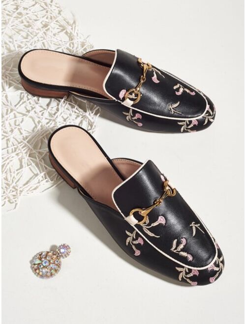 Shein Floral Embroidery Metal Decor Flat Mules