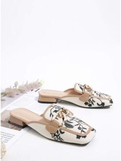 Chain Decor Floral Embroidery Flat Mules