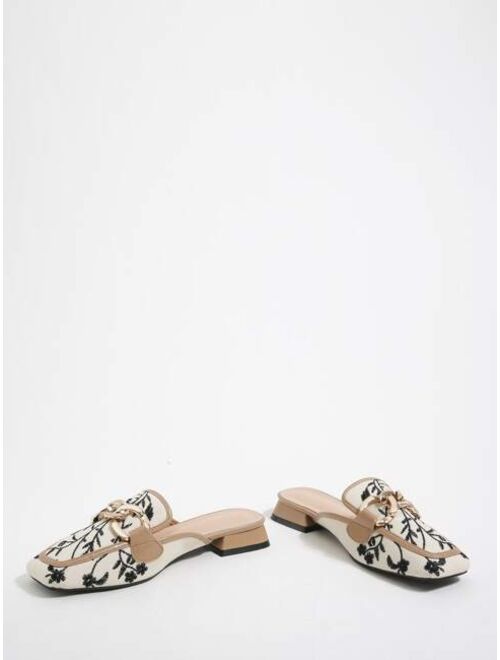 Shein Chain Decor Floral Embroidery Flat Mules