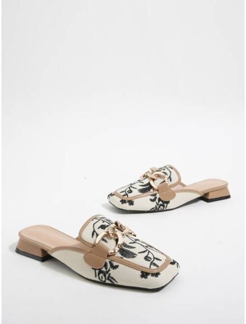 Shein Chain Decor Floral Embroidery Flat Mules