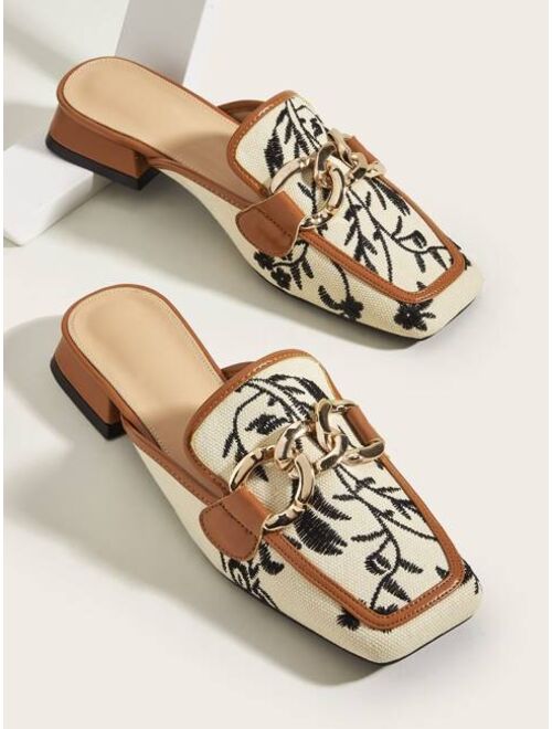 Shein Chain Decor Floral Embroidery Flat Mules