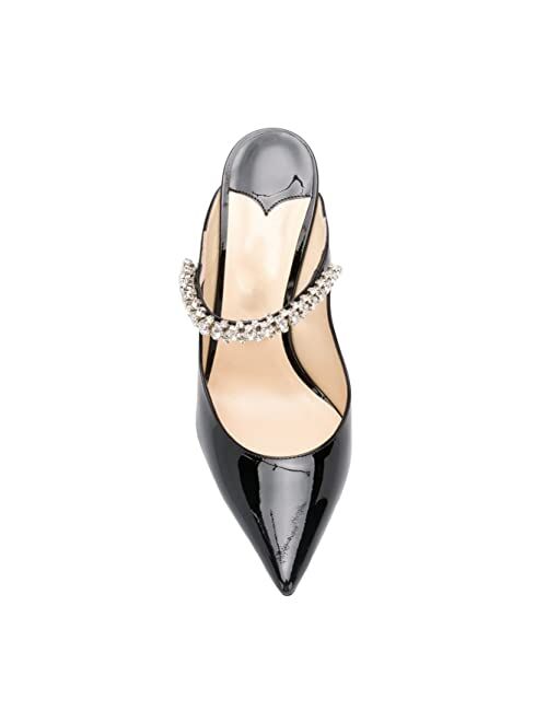keleimusi Wedding Pumps Pointy Toe Leather Heeled Mules with Crystal Strap Heels 3.5 Inches