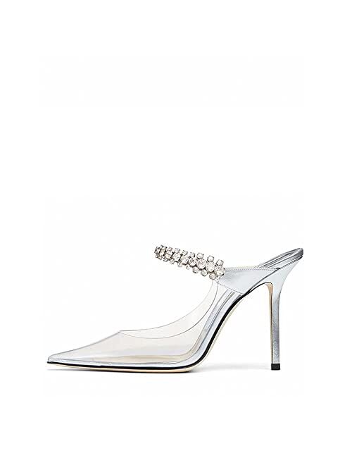 keleimusi Wedding Pumps Pointy Toe Leather Heeled Mules with Crystal Strap Heels 3.5 Inches