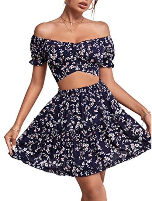 LYANER Women's 2 Piece Outfits Floral Off Shoulder Tie Up Crop Top and Mini Skirt Set