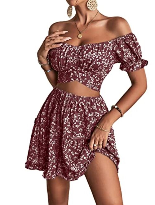 LYANER Women's 2 Piece Outfits Floral Off Shoulder Tie Up Crop Top and Mini Skirt Set