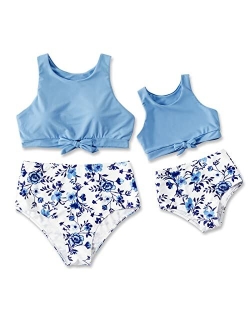 IFFEI Family Matching Swimsuits Bikini Solid Lace-up Mommy and Me Bathing Suits