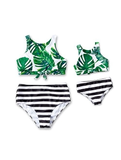 IFFEI Family Matching Swimsuits Bikini Solid Lace-up Mommy and Me Bathing Suits