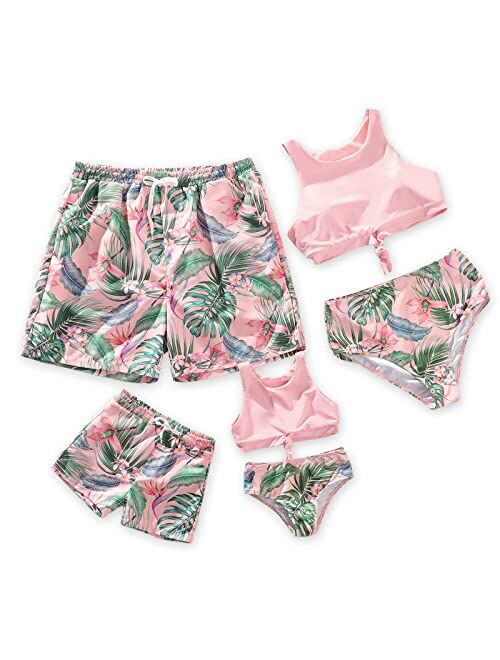 IFFEI Family Matching Swimsuits Bikini Solid Lace-up Mommy and Me Bathing Suits