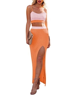 Cutiefox Women's Knit 2 Piece Dress Cami Crop Top High Side Slit Bodycon Long Skirt Set