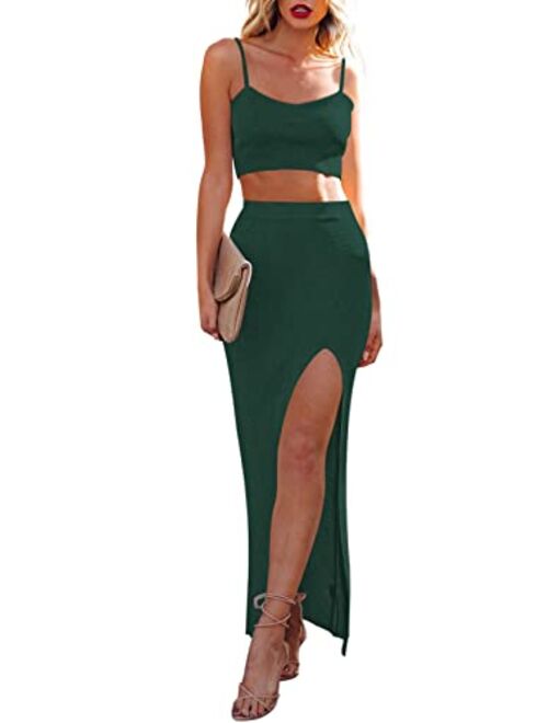 Cutiefox Women's Knit 2 Piece Dress Cami Crop Top High Side Slit Bodycon Long Skirt Set