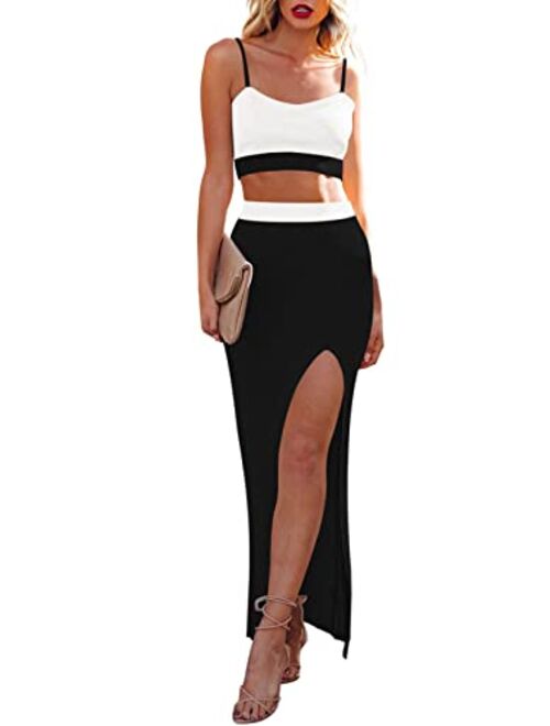 Cutiefox Women's Knit 2 Piece Dress Cami Crop Top High Side Slit Bodycon Long Skirt Set