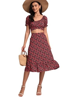 LYANER Women's 2 Piece Outfits Floral Self Tie Knot Crop Top and Midi Skirt Set