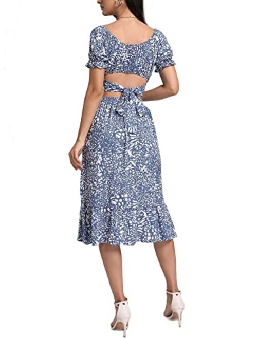 LYANER Women's 2 Piece Outfits Floral Self Tie Knot Crop Top and Midi Skirt Set