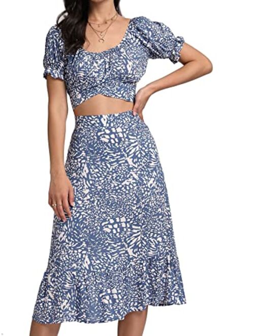 LYANER Women's 2 Piece Outfits Floral Self Tie Knot Crop Top and Midi Skirt Set