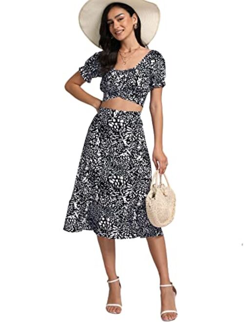 LYANER Women's 2 Piece Outfits Floral Self Tie Knot Crop Top and Midi Skirt Set