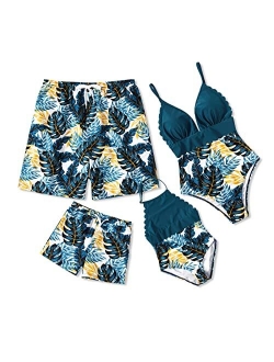 IFFEI Mommy and Me Swimsuits One Piece All Over Plants Print Blue Girls Swimsuits Family Matching Swimwear