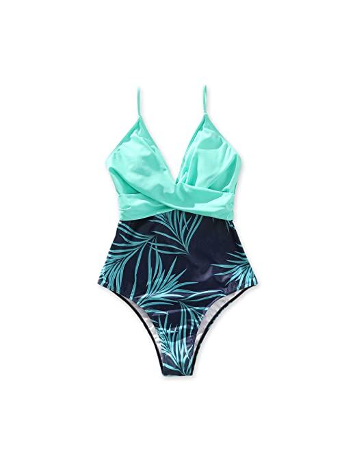 IFFEI Mommy and Me Swimsuits One Piece All Over Plants Print Blue Girls Swimsuits Family Matching Swimwear