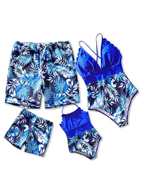 IFFEI Mommy and Me Swimsuits One Piece All Over Plants Print Blue Girls Swimsuits Family Matching Swimwear