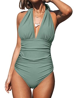 Women V Neck One Piece Swimsuit Halter Backless Ruched Tummy Control Bathing Suit