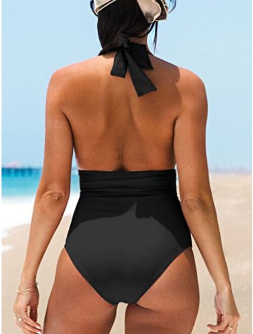 CUPSHE Women V Neck One Piece Swimsuit Halter Backless Ruched Tummy Control Bathing Suit