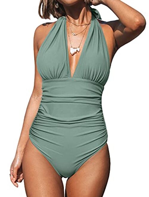 CUPSHE Women V Neck One Piece Swimsuit Halter Backless Ruched Tummy Control Bathing Suit