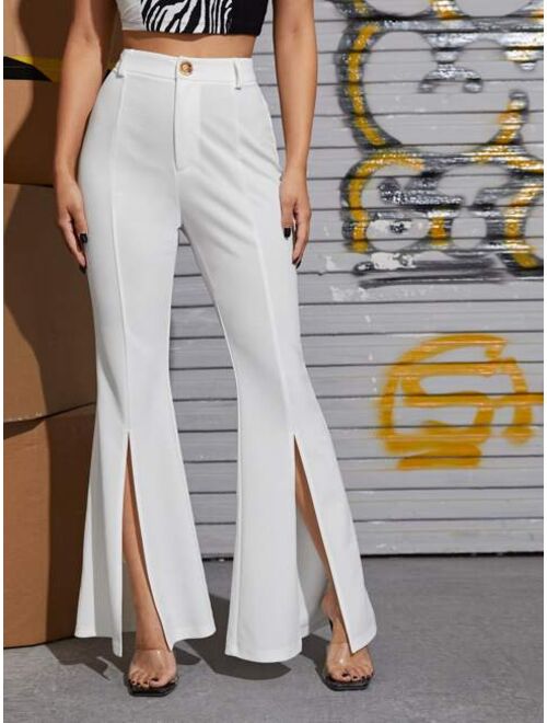 SHEIN Zipper Fly Seam Split Front Flare Leg Pants