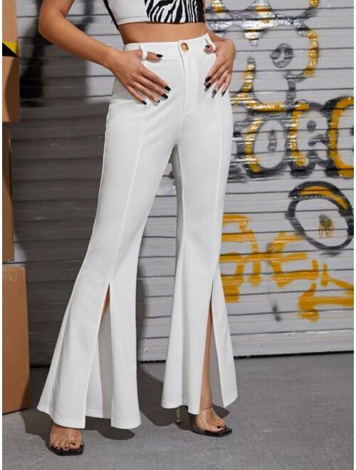 SHEIN Zipper Fly Seam Split Front Flare Leg Pants