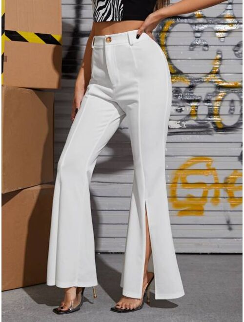 SHEIN Zipper Fly Seam Split Front Flare Leg Pants