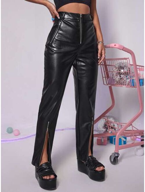 Shein Zipper Front PU Leather Straight Leg Pants