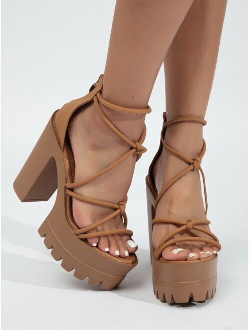 Shein Knot Detail Chunky Heeled Ankle Strap Sandals