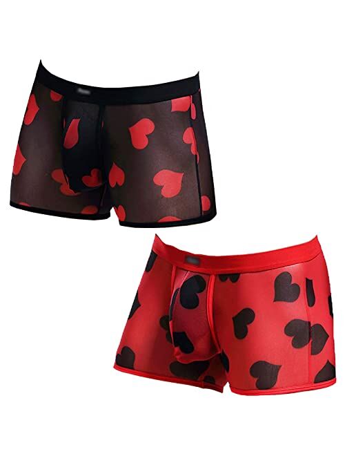 HELX Mens Sexy Underwear See Through Transparent Boxers Briefs Hearts Lips Print Mesh Lingerie Cool Trunk