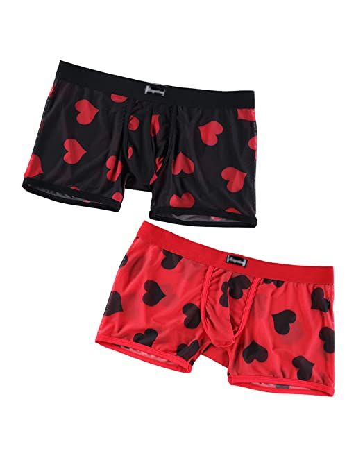 HELX Mens Sexy Underwear See Through Transparent Boxers Briefs Hearts Lips Print Mesh Lingerie Cool Trunk