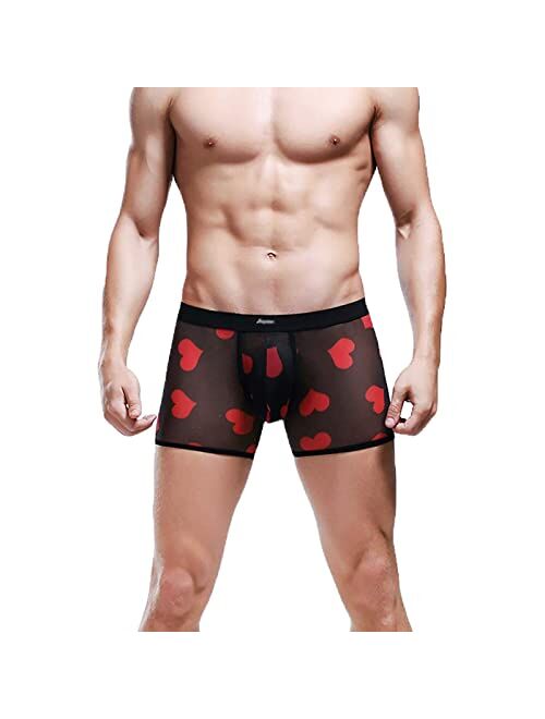 HELX Mens Sexy Underwear See Through Transparent Boxers Briefs Hearts Lips Print Mesh Lingerie Cool Trunk