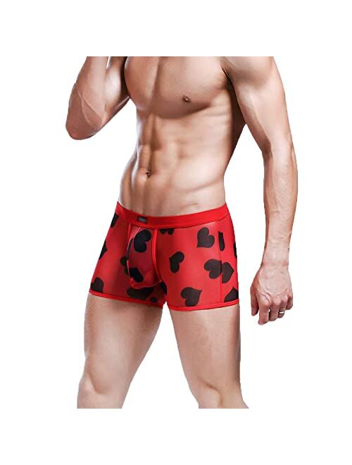 HELX Mens Sexy Underwear See Through Transparent Boxers Briefs Hearts Lips Print Mesh Lingerie Cool Trunk