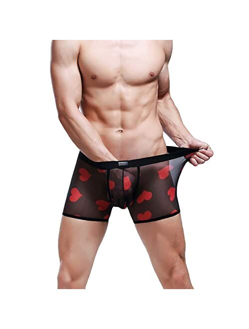 HELX Mens Sexy Underwear See Through Transparent Boxers Briefs Hearts Lips Print Mesh Lingerie Cool Trunk