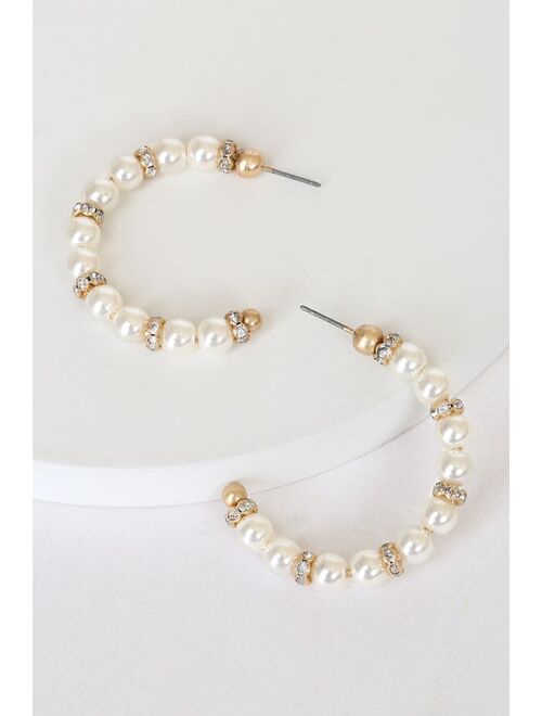 Lulus One for All White Pearl Rhinestone Hoop Earrings