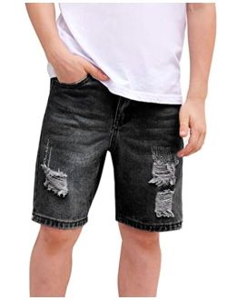 Boys Ripped Denim Shorts Boys Straight Distressed Jeans Shorts Summer Casual Short with Pocket for Boys