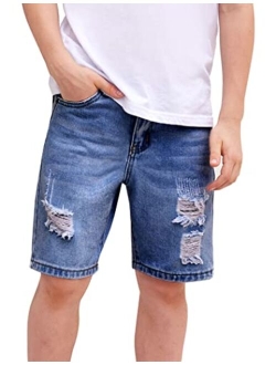 Boys Ripped Denim Shorts Boys Straight Distressed Jeans Shorts Summer Casual Short with Pocket for Boys
