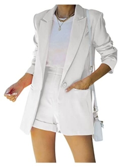 Fisoew Women's 2 Piece Open Front Long Sleeve Blazer and Solid Short Pants Suit Sets