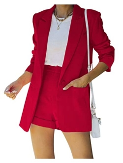 Fisoew Women's 2 Piece Open Front Long Sleeve Blazer and Solid Short Pants Suit Sets