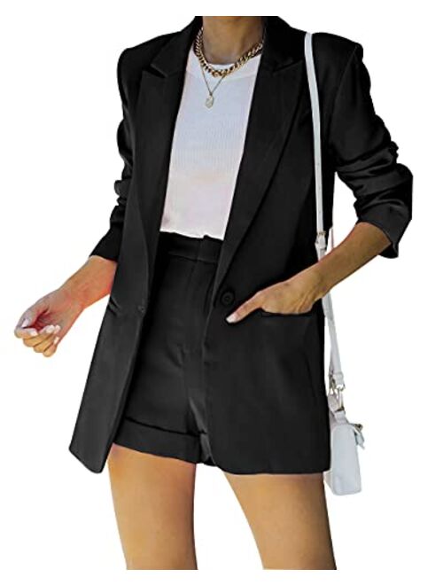 Fisoew Women's 2 Piece Open Front Long Sleeve Blazer and Solid Short Pants Suit Sets