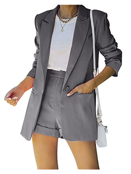 Fisoew Women's 2 Piece Open Front Long Sleeve Blazer and Solid Short Pants Suit Sets