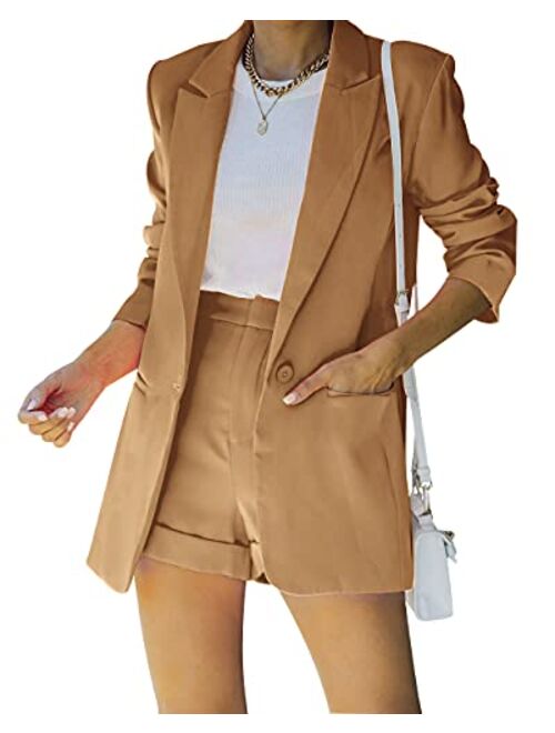 Fisoew Women's 2 Piece Open Front Long Sleeve Blazer and Solid Short Pants Suit Sets