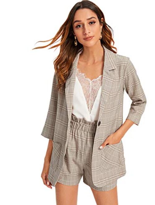 Milumia Women 2PCS Plaid Button Front Blazer and Shorts Office Set Business Suit