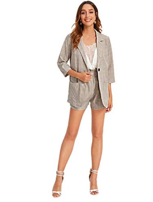 Milumia Women 2PCS Plaid Button Front Blazer and Shorts Office Set Business Suit