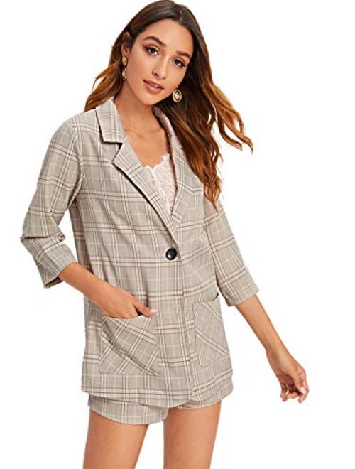 Milumia Women 2PCS Plaid Button Front Blazer and Shorts Office Set Business Suit