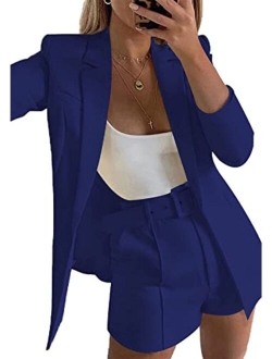 Huisifang 2 Piece Outfits for Women Long Sleeve Solid Open Front Blazer Shorts with Belt Casual Elegant Business Suit Sets