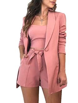 Huisifang 3 Piece Blazer Sets for Women Open Front Button Blazer + Crop Tops + Shorts Bottoms with Belt Business Suit Sets