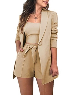 Huisifang 3 Piece Blazer Sets for Women Open Front Button Blazer + Crop Tops + Shorts Bottoms with Belt Business Suit Sets