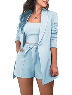 Huisifang 3 Piece Blazer Sets for Women Open Front Button Blazer + Crop Tops + Shorts Bottoms with Belt Business Suit Sets